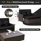 HAPPYGRILL Patio Rattan Wicker Daybed with Loveseat & Storage Ottoman, Outdoor Lounge Sofa Furniture Set with Adjustable Backrest & Side Trays, for Poolside Deck Porch Lawn (Mix Brown & Black)