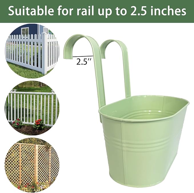 Balcony Hanging Planters Flower Pots, 10" Metal Flower Pots for Outdoor Balcony Rails, Fence Pot Hanging Plant Holders with Detachable Hooks for Garden Patio Yard Decor (Mint Green, 4Pcs)
