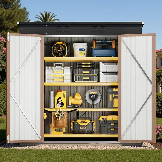 Storage Shed, Brown Metal Lockable Outdoor Tool Shed, 6 x 4 ft