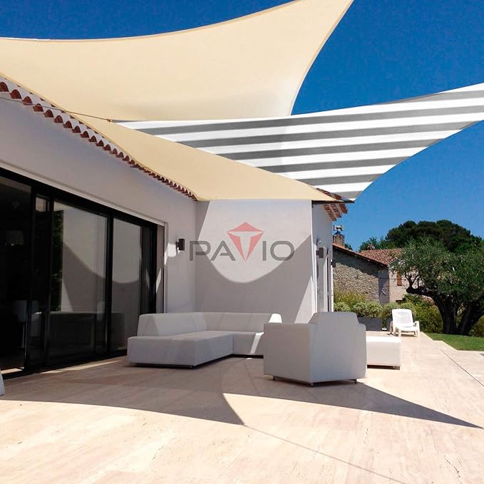 Patio Paradise 3' x 3' x 3' Sun Shade Sail Triangle Canopy Shade Cloth Fabric Sunlight Block Patio Pergola Cover HDPE Deck Awning for Outdoor Backyard Roof Shading, Gray White Strip
