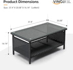 VINGLI Outdoor Wicker CoffeeTable Patio Coffee Tables for Outside, Tempered Glass Top Wicker Table with Storage Coffee Table for Patio Balcony Porch Deck (Black)