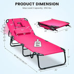 GYMAX Tanning Chair, 350lbs Beach Lounge Chair with Face Hole, Washable Pillow & Carry Strap, Adjustable Folding Chaise Lounge, Layout Chair for Outside, Patio, Poolside, Lawn (1, Pink)