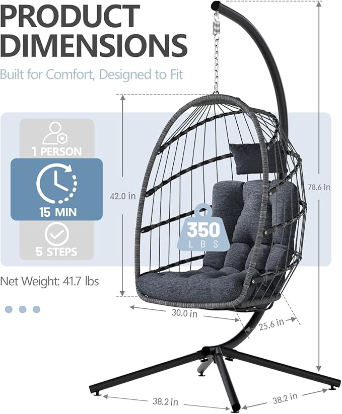 Hammock Chair with Stand, Cushion and 350 lb Capacity, Dark Grey