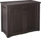 Rubbermaid Decorative Outdoor Storage Cabinet (123 Gal) Weather Resistant Dark Brown Organization for Home/Backyard/Pool Chemicals/Toys/Garden Tools/Porch/Patio Cushions
