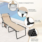 GYMAX Lounge Chairs for Outside, Extra High Folding Beach Tanning Lounger with Adjustable Backrest, Footrest & Removable Pillow, Sunbathing Lounge for Patio, Poolside (2, Sand with Pocket)