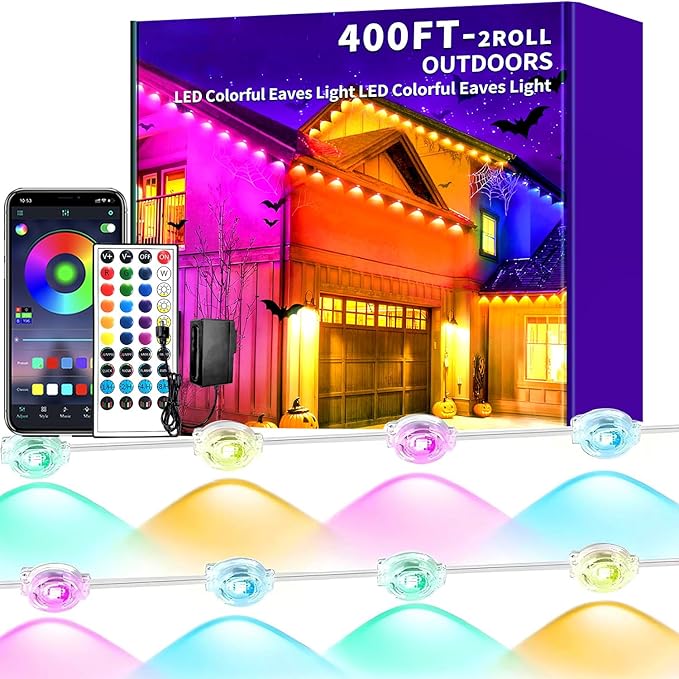Permanent Outdoor Lights,400ft RGB Outdoor Led Lights,Music Synchronised Eave Light with APP/Remote Control,Waterproof Eave Lights for Halloween,Christmas,Festivals,Parties(Two 200ft Rolls)