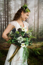 Artificial Flowers Cascading Bridal Bouquet in Forest Green and Gold