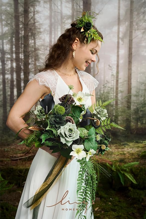 Artificial Flowers Cascading Bridal Bouquet in Forest Green and Gold