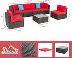 Shintenchi 7 Pieces Patio Furniture Sets Outdoor All-Weather Sectional Patio Sofa Set PE Rattan Manual Weaving Wicker Patio Conversation Set with Glass Table&Ottoman Cushion and Red Pillows, Red