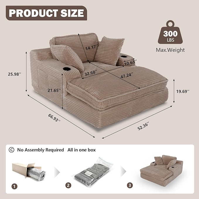67" Oversized Chaise Lounge Chair Indoor, Soft Boneless Cloud Couch with 3 Pillows, 4 Side Pockets and 2 Cup Holders, Comfy Corduroy Sleeper Couch for Living Room Bedroom