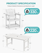 Outdoor Rectangle Dining Table, Heavy-Duty HDPE Table for 6, Weatherproof Patio Table with Umbrella Hole, Rounded Corners for Safety, White