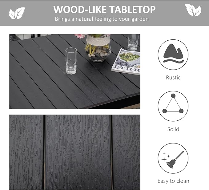 Outsunny Outdoor Dining Table for 6 Person, Rectangular Patio Table, Aluminum Metal Legs for Garden, Lawn, Patio, Woodgrain Black