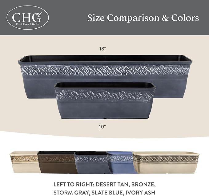 Classic Home and Garden Corinthian Rectangular Trough Window Box Planter, 10", Storm Gray, Pack of 3