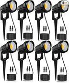 12W LED Landscape Lights Low Voltage, 3000K Warm White 12V AC/DC Waterproof Outdoor Spotlights, IP65 Garden Pathway Lights with 8 Spike Stands for Tree Garden Yard Pathway (8 Pack)