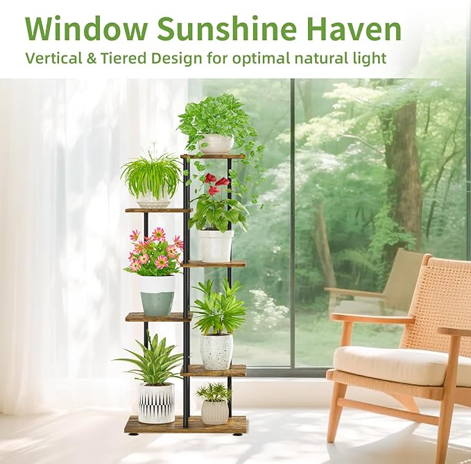 iDavosic.ly 5 Tier Plant Stand Indoor, Tiered Corner Metal Wood Multiple Flower Holder Shelf, 42 Inch Tall Orchid Display Rack for Patio Porch Living Room Balcony Outdoor, Modern Black & Rustic Brown