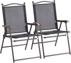 Giantex Set of 2 Patio Folding Chairs, Outdoor Patio Dining Chairs w/Armrest, Sling Back, Metal Frame, Outside Use for Lawn Camping Garden Pool Beach Yard Lounge, No Assembly, Black