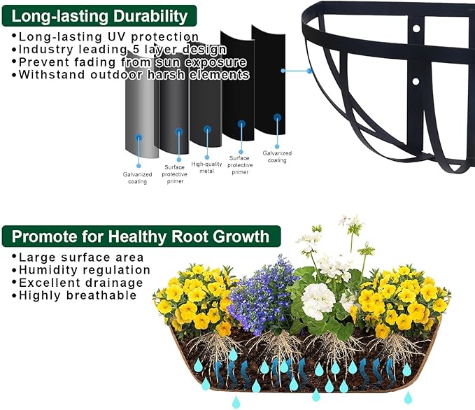 16'' Window Box Railing Planter with Coco Liner,4 Pack Horse Trough Planters Black Metal Hanging Flower Planters Basket for Porch Fence Patio Indoor Outdoor Lawn
