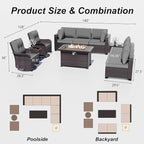 ALAULM Patio Furniture Set with 2 Swivel Chairs, Outdoor Sectional with 55000 BTU Fire Pit Table and Wide Seat, 11 Pieces Wicker Rattan Conversation Set with Coffee Table for Garden, Deck, Grey