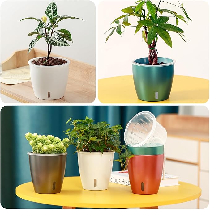Self Watering Pots for Indoor Plants, 4-Pack 6.7'' Self Watering Planter with Drainage Holes, Small African Violet Pots with Water Indicator, Clear Wick Orchid Pot, Blue Gold