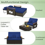 Tangkula Patio Rattan Daybed with 4-Level Adjustable Backrest, Outdoor Wicker Loveseat with Acacia Wood Armrest, Storage Ottoman & Folding Tray, Double Sunbed for Balcony, Backyard & Poolside (Navy)