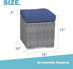 Patiorama 2 Pieces Assembled Outdoor Patio Ottoman, Indoor Outdoor All-Weather Grey Wicker Rattan Outdoor Footstool Footrest Seat w/Navy Blue Cushions,Outdoor Ottoman for Patio,No Assembly Required