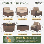 Aoxun 7 Piece Patio Furniture Set with Wide Armrests & 44” Fire Pit Table Wicker Rattan Outdoor Sectional Sofa Set with Coffee Table and Thick Cushion, Khaki (Waterproof Cover Included)