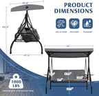 Grepatio Outdoor Porch Swing with Canopy and Stand, 3 Person Patio Swing for Adults, Convertible 2 in 1 Porch Bed Swing with Cup Holder, 3 Seat Swings with 2 Pillow Cushions for Garden, Yard (Grey)