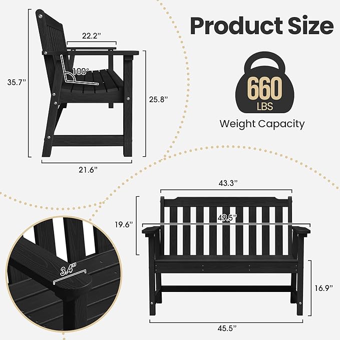 Ciokea 49" Heavy Duty Outdoor Bench Set of 2, HDPE Weatherproof Garden Bench, 2-Person Memorial Benches with 660 Lbs, Waterproof Patio Porch Benches for Outside Business Deck Office Backyard, Black