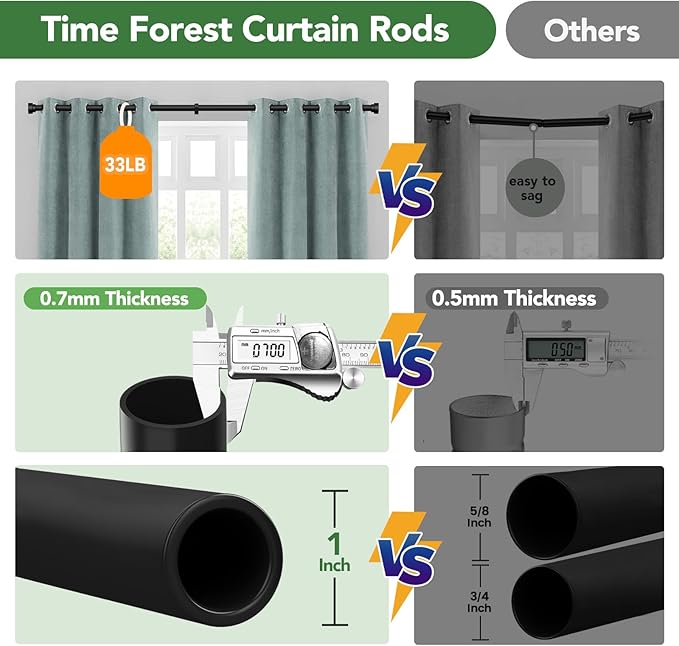 Time Forest Black Curtain Rods for Windows 32 to 120 Inch (2.6-10 Feet), 1 Inch Diameter Adjustable Heavy Duty Curtain Rod, Modern Style Indoor Outdoor Long Window Drapery Rods with End Caps