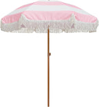 AMMSUN 7ft Patio Umbrella with Fringe Outdoor Tassel Umbrella UPF50+ Premium Steel Pole and Ribs Push Button Tilt, Riviera Pink Stripe