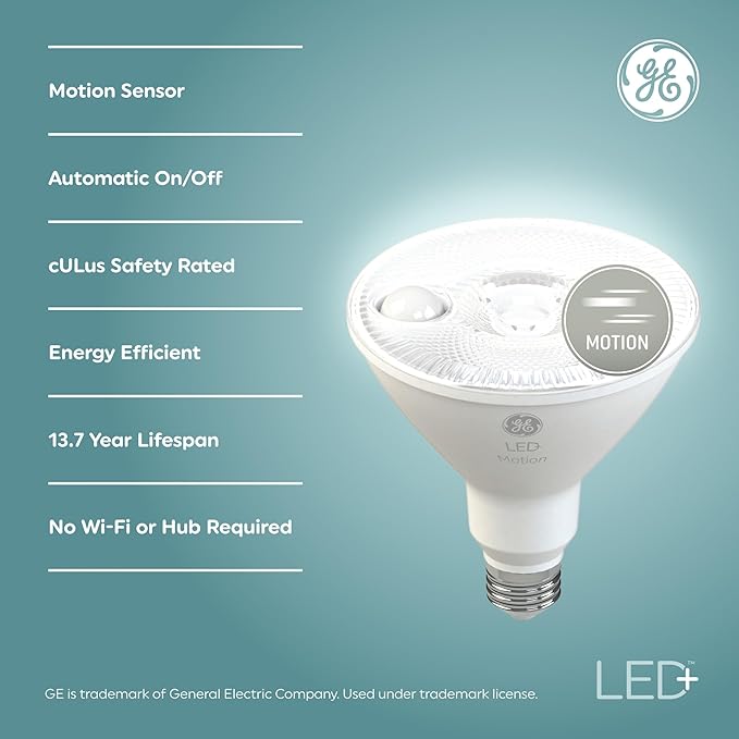 GE LED+ Motion Sensor LED Light Bulbs, 15W, PAR38 Outdoor Security Floodlight, Warm White (2 Pack)