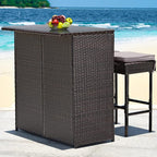 Tangkula Patio Bar Set, 3 Piece Outdoor Rattan Wicker Bar Set with 2 Cushions Stools & Glass Top Table, Gray & Off White Cover, Outdoor Furniture Set for Patio Backyard Porch Garden Poolside