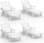 Patio Chaise Lounge Chair Set of 4, Oversized Lounge Chair Outdoor with 5 Positions, HDPE, Patio Lounge Chair with Wheels & Cup Holder for Pool, Deck, Poolside,White