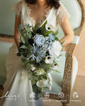Artificial Flowers: Dusty Blue Cascade Bridal Bouquet, Silk with Pearls