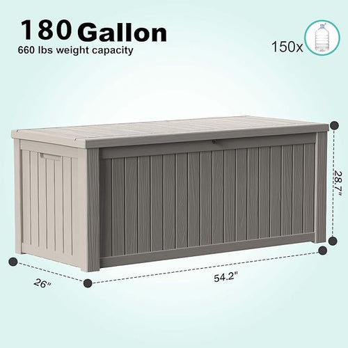 180 Gallon Outdoor Deck Box, Lockable Waterproof Outdoor Storage Boxes For Garden Tools,Indoor Cushions,Accessories Outside Storage Resin Weatherproof Container(Grey)