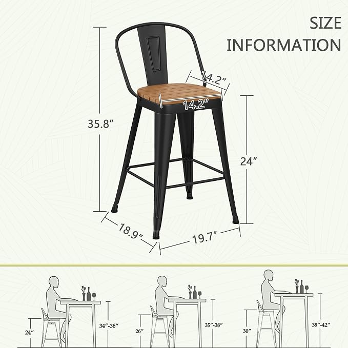 Black Metal Bar Stools Set of 4, 24 Inch Counter Height Outdoor Barstools
