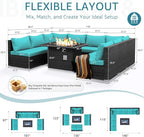 NICESOUL Extra Large 9 Piece Patio Furniture Set with Fire Pit Table Natural Gas & Propane, 29.3'' High Back Rattan Outdoor Conversations, 8 Seater Modular Sofa Set, 2 Color Cushions Turquoise & Gray