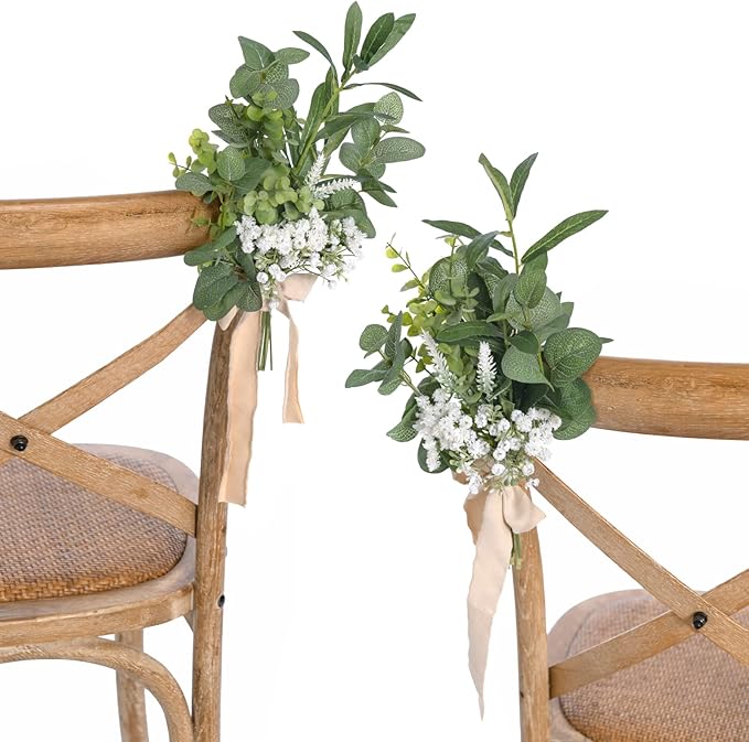 Artificial Flowers Wedding Aisle Pew Markers, 8 Pack White with Ribbon Cards
