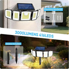 Solar Lights Outdoor Waterproof Motion Sensor - 416 LEDs 3000 Lumens Super Bright 3 Brightness 3 Modes 2400mAh 360° Illumination 32ft Solar Flood Security Light for Outside (with Stakes, 4)