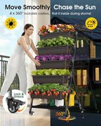 5-Tier Vertical Garden Bed Planter Boxes with Wheels, Drainage System & Storage Space, Mobile Vertical Garden Planter with 5 S-Hooks for Plants Vegetables Flowers Herbs in Garden Patio Yard