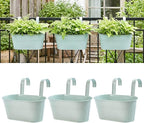 vensovo Metal Railing Planter for Outdoor Plants - 3 Pack Balcony Hanging Planter Box with Detachable Hooks and Drain Holes Oval Hanging Pots Fence Planters for Railing Garden Fence, Green