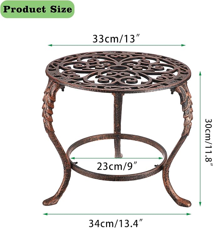 OwnMy Heavy Duty Cast Iron Plant Stand Vintage Wrought Iron Flower Pot Holder, Decorative Round Potted Plant Holder Rack, Indoor Outdoor Metal Large Plant Stand for Patio Home Garden, Red Bronze