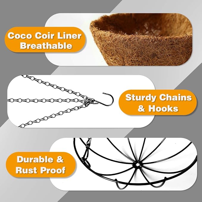 Hanging Plant Basket Flower Holder (2pack, 14 inch)-Metal Wire Round Hanging Basket Planter with Coco Fiber Liners for Plants Flower Pots Indoor Outdoor Garden Porch and Balcony Decor
