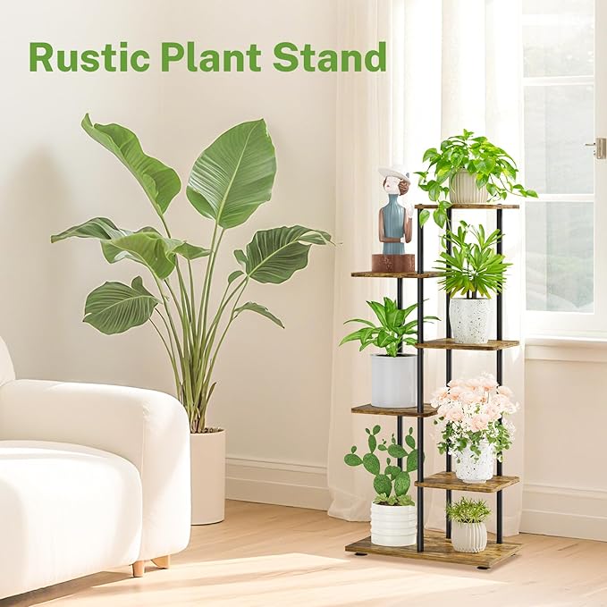 iDavosic.ly 5 Tier Plant Stand Indoor, Tiered Corner Metal Wood Multiple Flower Holder Shelf, 42 Inch Tall Orchid Display Rack for Patio Porch Living Room Balcony Outdoor, Modern Black & Rustic Brown