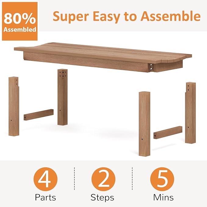 Outdoor Bench, 2-Person Patio Backless Bench Holds up to 800lbs, Weatherproof Garden Bench that Never Rot and Fade, Suit for Backyard, Porch, Patio, Deck and Entryway (Teak)