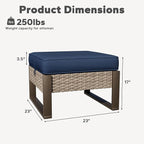 Joyside Outdoor Patio, All-Weather PE Rattan Ottomans Footstools with Removable Cushions & Anti-Rust Wood-Looking Legs for Garden, Backyard, Porch, Deck (Blue)
