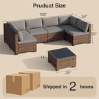 7 Pieces Patio Furniture Set, Outdoor Sectional Rattan Sofa Set, Wicker Patio Conversation Set with Cushions and Glass Coffee Table, for Balcony, Porch, Garden, Grey