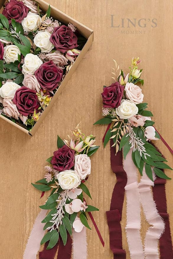 Artificial Flower Aisle Pew Markers 8 Pcs Marsala Blush Wedding Decor