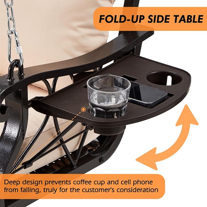 Wicker Porch Swing, 3-Person Rattan Patio Swing with Steel Chains, Brown/Khaki