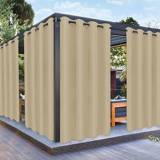 PureFit Outdoor Curtains for Patio Waterproof Weatherproof, UV Resistant Outside Curtains for Gazebo, Front Porch, Pergola, Sun Blocking Privacy Curtain, 52W x 108L inch, 1 Panel, Beige